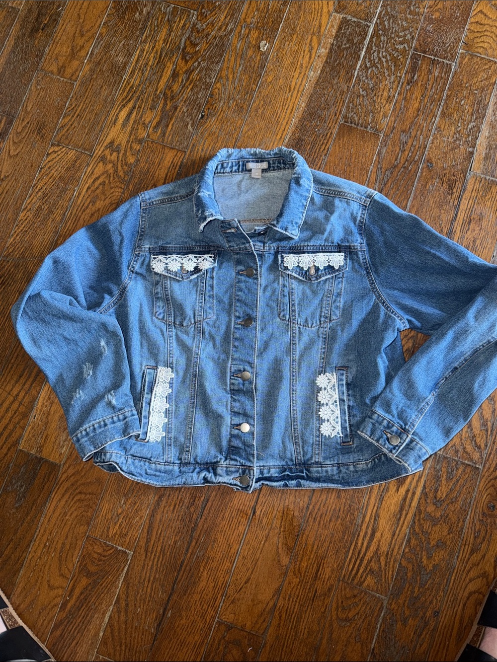 Falls Creek Light Blue Denim Jacket with White Lace Accents